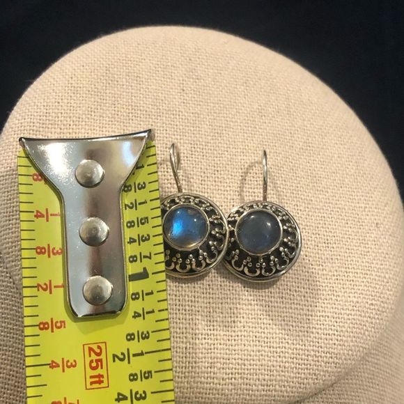 VINTAGE Blue Moonstone Cabochon Sterling Silver Oxidized Earrings - Picture 10 of 10